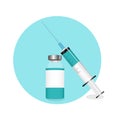 Vaccine illustration capsule and syringe with vaccine, icon, injection on white background with blue circle