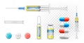 Vaccine influenza flu in a syringe. Vector Realistic pharmaceutical capsules, transparent bottle and ampoule.