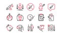 Vaccine line icons. Corona jab, Medical Syringe, Vaccination passport icons. Covid vaccine, human jabbed. Vector