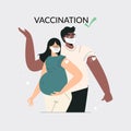Vaccine pregnant family couple Vaccination concept. Diverse people after vaccine injection in shoulder. Pregnant getting