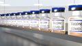 Vaccine production. Many Covid-19 vaccine vials in production. Factory. 3D render.