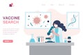 Vaccine search landing page template. Virologist is researching a new virus, searching for antivirus and medication