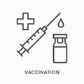 Vaccine in syringe flat line icon. Vector outline illustration of flu shot, coronavirus vaccination. Injection thin