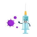 Vaccine and syringe mascot illustration fights againts coronavirus, Anti virus medicine fights back covid-19 Royalty Free Stock Photo