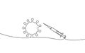 Vaccine syringe one single line art concept. Pandemic COVID coronavirus safe hand drawn sketch. Injection epidemia