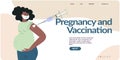 Vaccine and vaccination pregnant black woman concept for web template. Injection in shoulder and big syringe. Pregnant