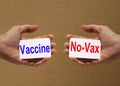 Vaccine versus no-vax. concept for covid19 pandemic, coronavirus desease Royalty Free Stock Photo