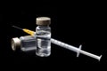 Vaccines, botulinum toxin and insulin ampules concept theme with glass vials with clear liquid next to a syringe and a hypodermic Royalty Free Stock Photo