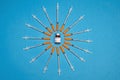 Vaccines and syringes on blue background for prevention,immunization and treatment from corona virus infection covid 19. General Royalty Free Stock Photo
