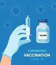 Vacctination banner. Doctor`s hand holding medicine bottle with vaccine for coronavirus. Virus protection concept. Vector illustra