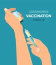 Vacctination banner. Hand holding syringe with vaccine for coronavirus. Vector illustration. Sars
