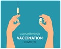 Covid-19 Vacctination banner. Hand holding syringe with vaccine for coronavirus. Vector illustration.