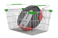 Vacuum cleaner inside shopping basket, 3D rendering