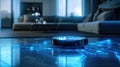 Vacuum cleaner robot works at home, blue light of digital route map and floor scanning. Smart automated hoover in living room