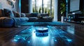 Vacuum cleaner robot works at smart home, blue light of digital route map and laminate floor scanning. Automated hoover in living