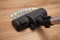 Vacuum cleaner suck usd dollar banknotes. Launder money concept Royalty Free Stock Photo