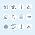 Vacuum cleaners flat line icons. Different vacuums types - industrial, household, handheld, robotic, canister, wet dry