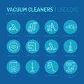 Vacuum cleaners flat line icons. Different vacuums types - industrial, household, handheld, robotic, canister, wet dry