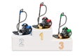 Vacuum cleaners ratings concept. Winners podium with vacuum cleaners, 3D rendering