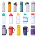 Vacuum insulated water bottle icons set cartoon vector. Flask thermo