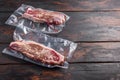 Vacuum packed meat , top blade beef steak on dark old wooden table,  side view space for text Royalty Free Stock Photo
