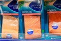 Vacuum packed salmon and trout. Seafood department. Illustrative editorial. June 24, 2021, Beltsy Moldova