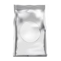 Vacuum sealed foil retort pouch with round paper label sticker realistic mock-up. Blank plastic bag package vector mockup