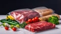 Vacuum-Sealed Meat and Surrounding Vegetables on blurred background. Generative AI