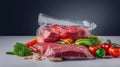 Vacuum sealed meat with vegetables around on blurred background. Generative AI