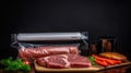 Vacuum sealer machine and meat on a dark background Royalty Free Stock Photo