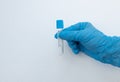 Vacuum tube for collection and blood samples in blue gloves. Royalty Free Stock Photo