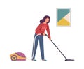 Vacuuming woman. Female character cleaning home with vacuum cleaner, cleaning floor and carpet service maid doing Royalty Free Stock Photo