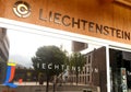 Vaduz, Liechtenstein - June 02, 2017: The inscription Liechtensteinand coat of arms of Liechtenstein in Tourist Center building i