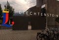 Vaduz, Liechtenstein - June 02, 2017: The inscription Liechtensteinand coat of arms of Liechtenstein in Tourist Center building i