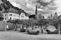 Vaduz, Liechtenstein. Old building of parliament and Cathedral of St. Florin in  Vaduz, Liechtenstein Royalty Free Stock Photo