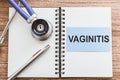 VAGINITIS word on notebook,stethoscope and pen on wooden desk