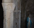 VAGLI SOTTO, LUCCA, ITALY AUGUST 9, 2019: An ancient pillar carving in the small church of St Augustine which dates back