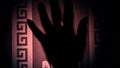 A vague female hand descends behind frosted glass. The concept of domestic violence, loneliness, horror. Video in pink.