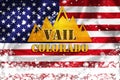 Vail Colorado banner illustration on US flag and snow layer