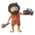 Vain 3d cartoon caveman character taking a photo of himself, 3d illustration