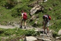 Val d`Aosta, Italy, July 5 2018t two hikers walking on a mountain trial