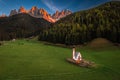 Val Di Funes, Dolomites, Italy - Aerial view of the beautiful St. Johann Church (Chiesetta di San Giovanni in Ranui)