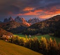 Val Di Funes, Dolomites, Italy - The beautiful St. Johann Church (Chiesetta di San Giovanni in Ranui) at South Tyrol Royalty Free Stock Photo