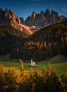 Val Di Funes, Dolomites, Italy - The beautiful St. Johann in Ranui Church at South Tyrol with the Italian Dolomites Royalty Free Stock Photo