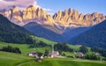 Val di Funes, Dolomites, Italy. Santa Maddalena village in front of the Odle Geisler mountain group at sunset