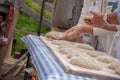 VAL DI FUNES, ITALY - OCTOBER 01, 2016: Traditional Rye flour bread cooked on site during the