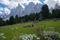 VAL DI FUNES, ITALY - SEPTEMBER 2, 2023: Beautiful panorama from Geisler Alm, Dolomites Italy