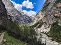 Val Travenanzes in the dolomites. Cortina d ampezzo. dry river bed in summer. Hiking in a beautiful mountain landscape