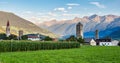 Val Venosta, Vinschgau, Alto Adige, Italy. View over Mals in South Tyrol