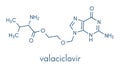 Valaciclovir valacyclovir herpes infection drug molecule. Skeletal formula.